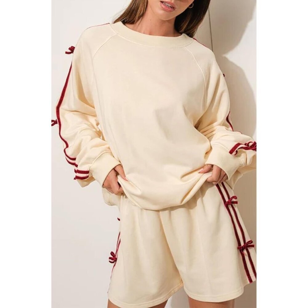 Women's Velvet Bow Sweater Cotton Blend Large Loose Crew Neck Vintage - Picture 4 of 5